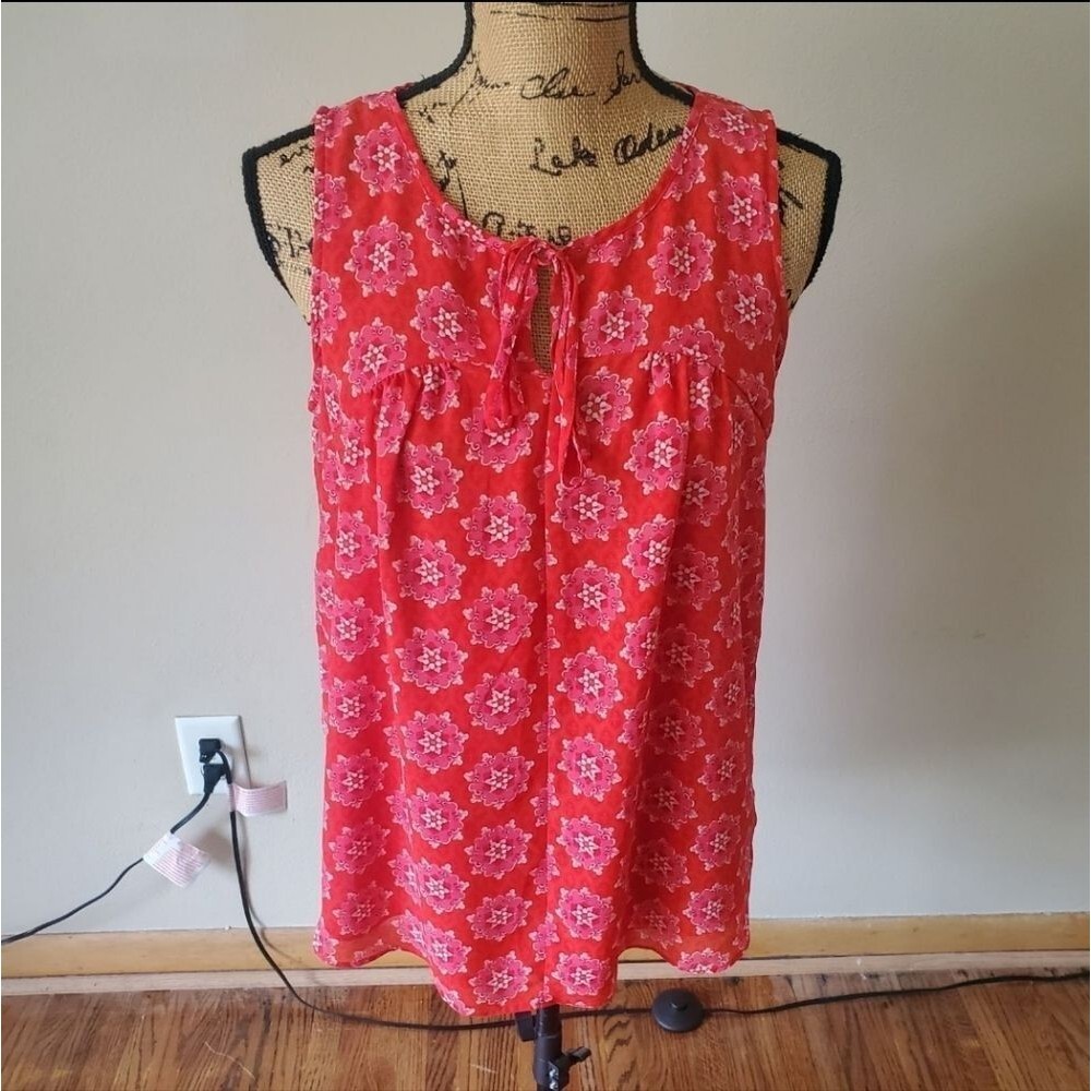 Rose & Olive Womens Boho Tunic Tank Top V-Neck Red Geometric Print Small Cottage